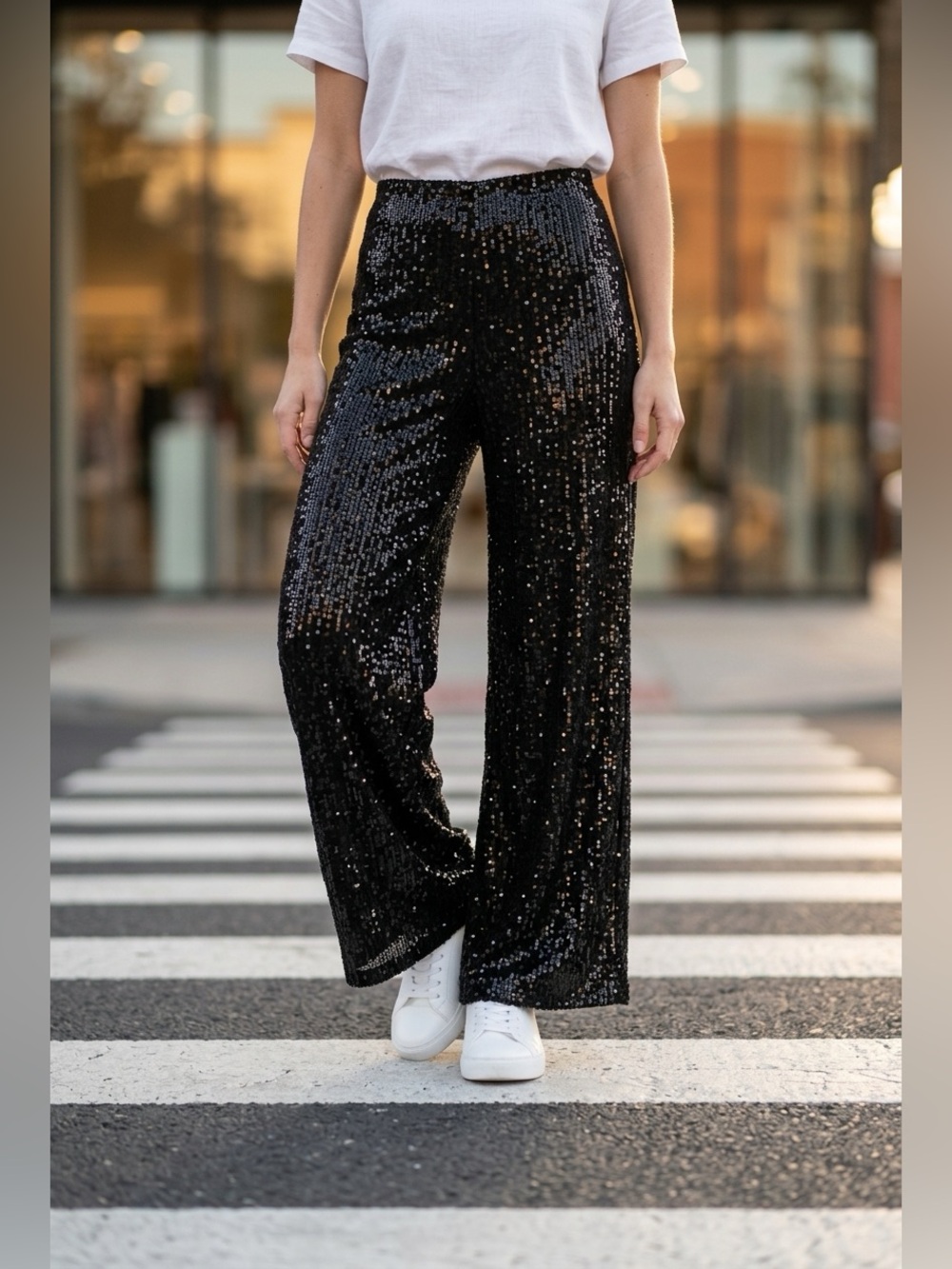 Black Sequin Wide-Leg Pants - Size Small